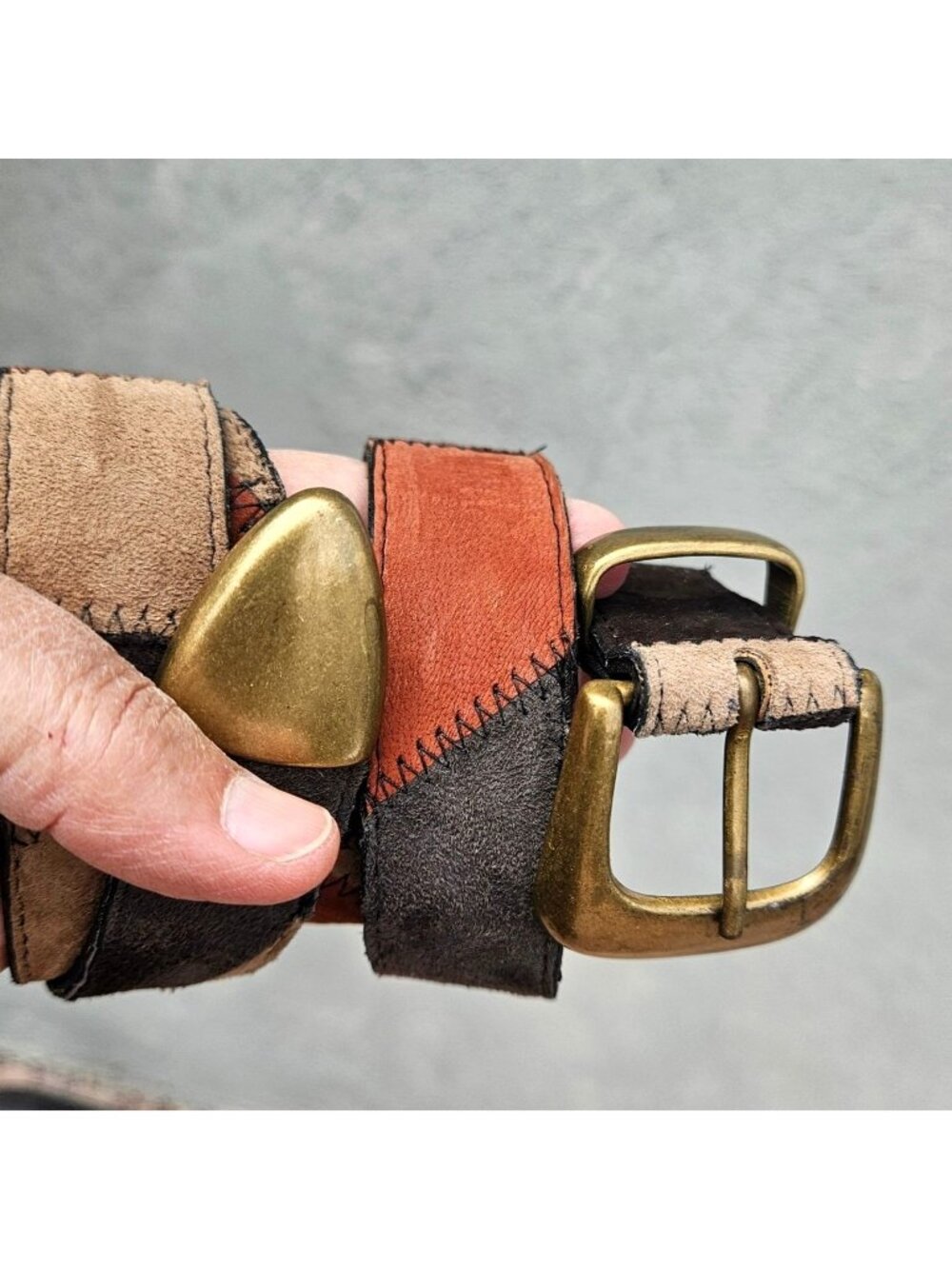 Vintage 70s Patchwork Suede Leather Belt Brass Sz L Fits 30-34 USA